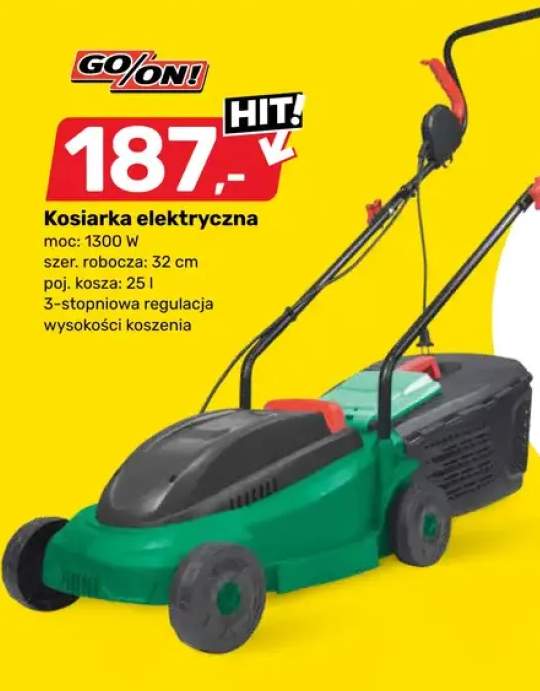 Kosiarka elektryczna Go/On! 1300W szer. robocza 32cm poj. kosza 25l 3-stopniowa regulacja wysokości koszenia