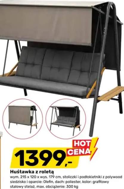 Huśtawka z roletą 215x120x179cm siedzisko i oparcie Olefin dach poliester kolor grafitowy stalowy stelaż max. obciążenie 300kg