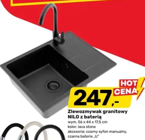 Zlewozmywak granitowy NILO z baterią 56x44x17,5cm kolor lava stone czarny syfon manualny czarna bateria U