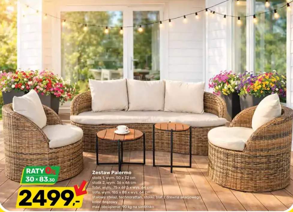 Zestaw ogrodowy Palermo stolik 50x32cm stolik 36x46cm fotel 75x69,5x64cm sofa 185x88x64cm kolor brązowy