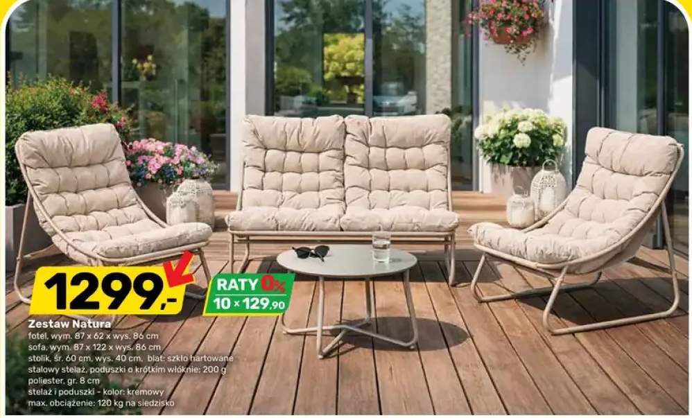 Zestaw ogrodowy Natura fotel 87x62x86cm sofa 87x122x86cm stolik śr. 60cm wys. 40cm kolor kremowy