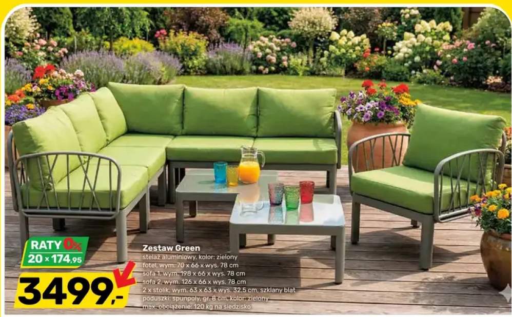 Zestaw ogrodowy Green stelaż aluminiowy kolor zielony fotel 70x66x78cm sofa 1 198x66x78cm sofa 2 126x66x78cm 2x stolik 63x63x32,5cm szklany blat poduszki spunpoly gr. 8cm kolor zielony