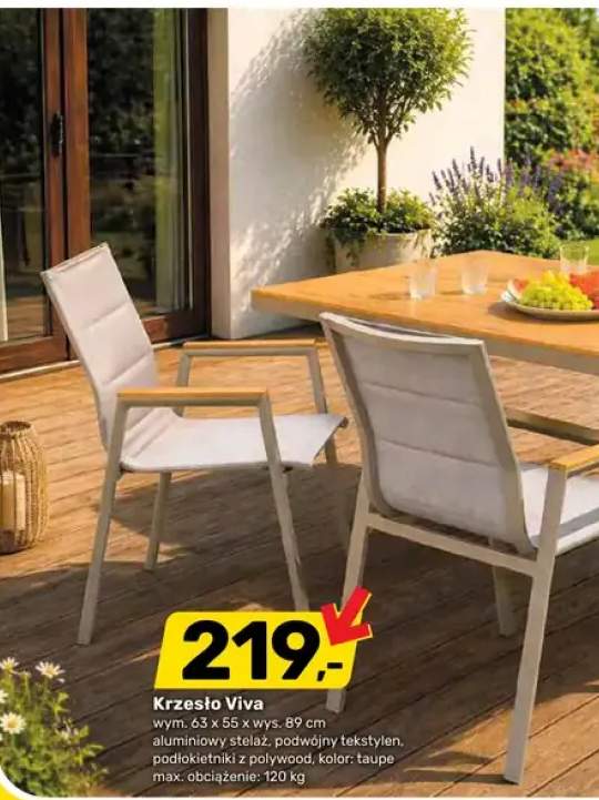 Krzesło ogrodowe Viva 63x55x89cm aluminiowy stelaż podwójny tekstylen podłokietniki z polywood kolor taupe