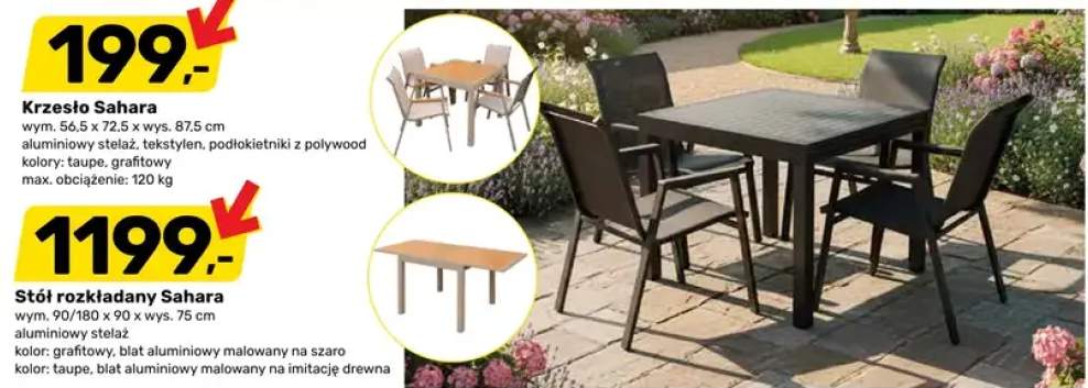 Stół rozkładany ogrodowy Sahara 90/180x90x75cm aluminiowy stelaż kolor grafitowy blat aluminiowy malowany na szaro kolor taupe blat aluminiowy malowany na imitację drewna