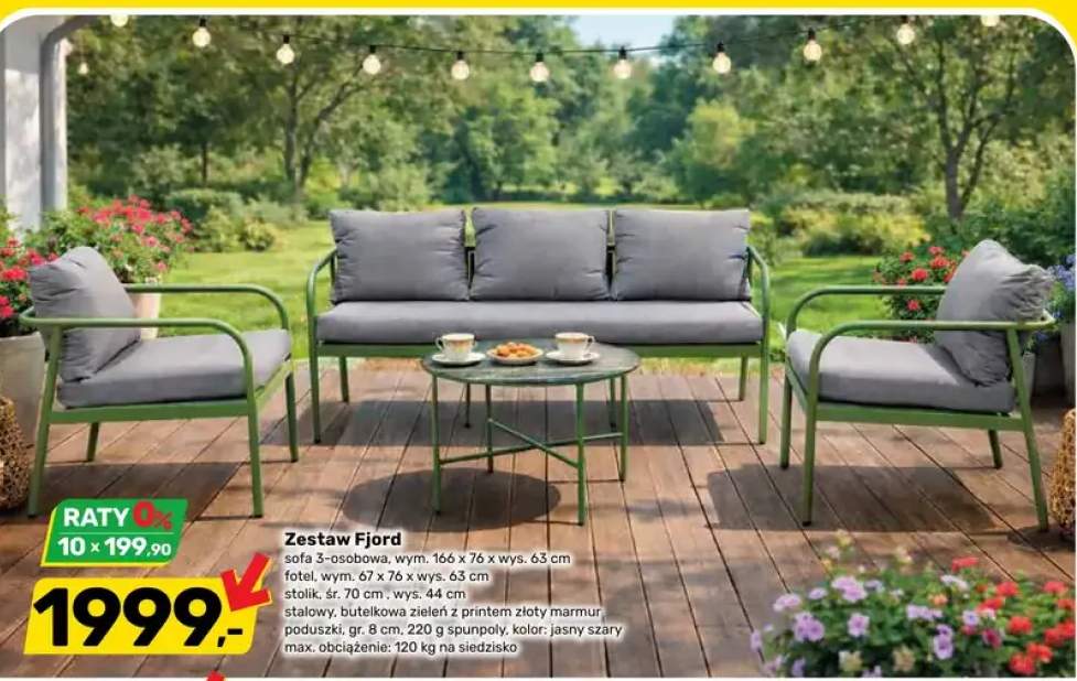 Zestaw ogrodowy Fjord sofa 3-osobowa 166x76x63cm fotel 67x76x63cm stolik śr. 70cm wys. 44cm stalowy butelkowa zieleń z printem złoty marmur poduszki gr. 8cm 220g spunpoly kolor jasny szary