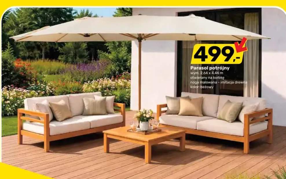 Parasol potrójny otwierany na korbkę noga malowana imitacja drewna beżowy 2,64x4,46m