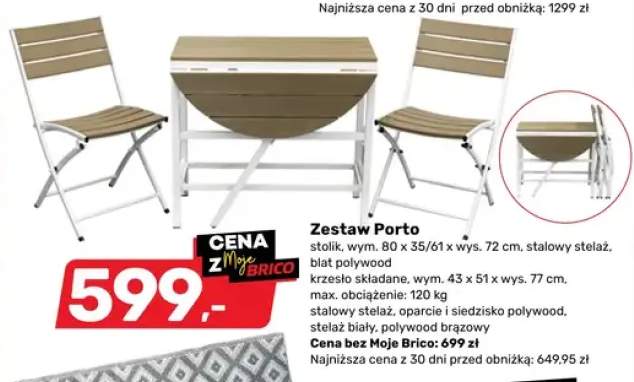 Zestaw Porto stolik 80x35/61x72cm krzesło składane stalowy stelaż polywood