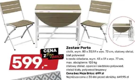 Zestaw Porto stolik 80x35/61x72cm stalowy stelaż blat polywood krzesło składane 43x51x77cm