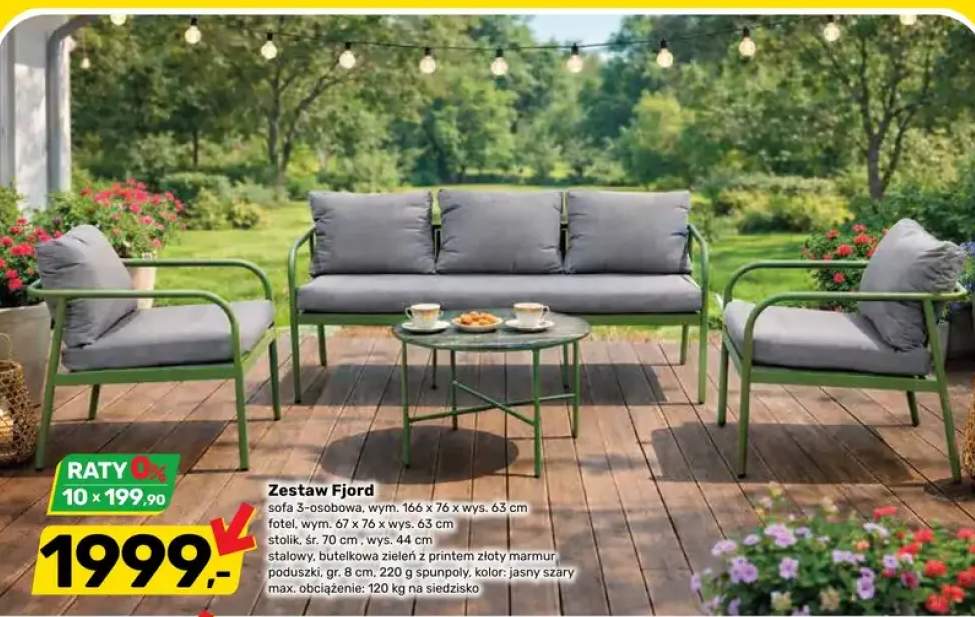 Zestaw ogrodowy Fjord sofa 3-osobowa 166x76x63cm fotel 67x76x63cm stolik śr. 70cm wys. 44cm stalowy butelkowa zieleń z printem złoty marmur poduszki gr. 8cm 220g spunpoly kolor jasny szary