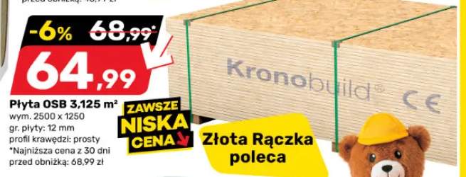 Płyta OSB Kronobuild 3,125 m2 wym. 2500x1250 gr. płyty: 12mm
