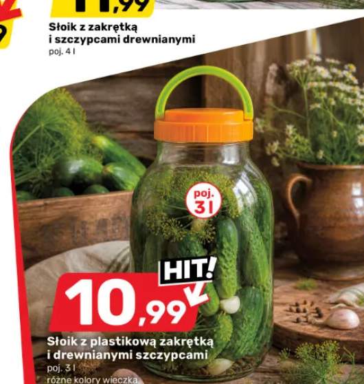 Słoik z plastikową zakrętką i drewnianymi szczypcami 3 l